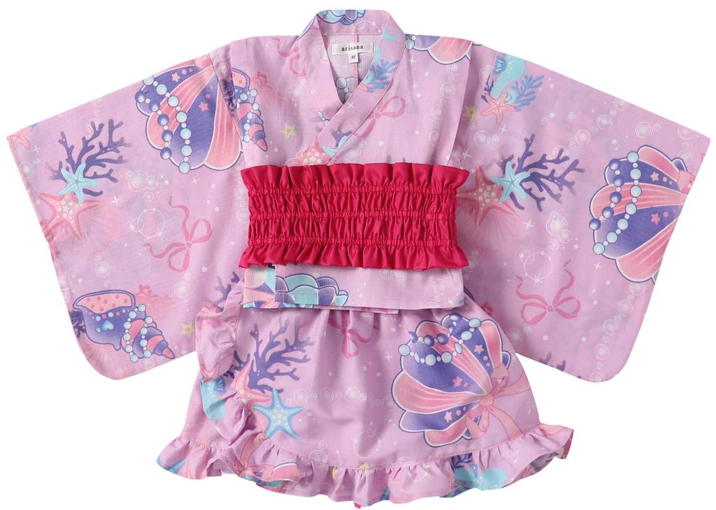 Arisana Baby Girl's Yukata (3-Piece Set) - Top, Dress, and Obi, Seashell Lavender, 90cm