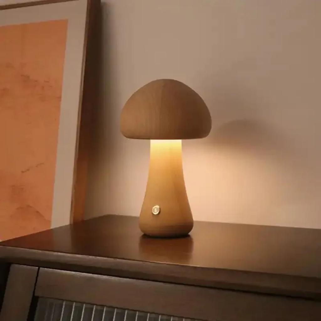 Nové roztomilé, teplé a útulné drevené LED nočné svetlo v tvare húb pre spálňu a detskú izbu Krásna lampa na nočný stolík s dotykovým ovládaním