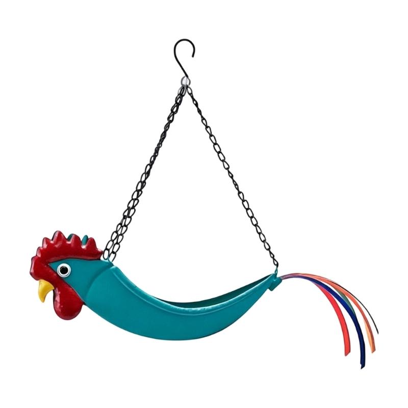 Iron Hanging Flower Pot Colorful Rooster Planter with Wide Planting Container and Chain System for Off-Floor Flower Displays on Patios and Porches