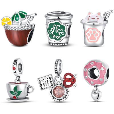 Fit Diy 925 Original Bracelets 925 Silver Color Coffee Cake Donut Ice Cream Afternoon Tea Dessert Charms Beads DIY Jewelry