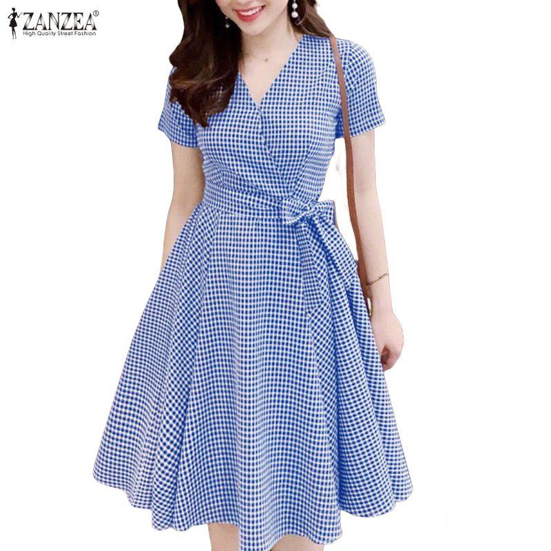 ZANZEA Women Casual V-Neck Summer Short Sleeve Plaid Print Dress