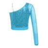 Completo da Danza del Ventre per Ragazze Rete Manica Lunga Monospalla Lucido Paillettes Crop Top Pantaloni Bloomers Satinati Gamba Larga