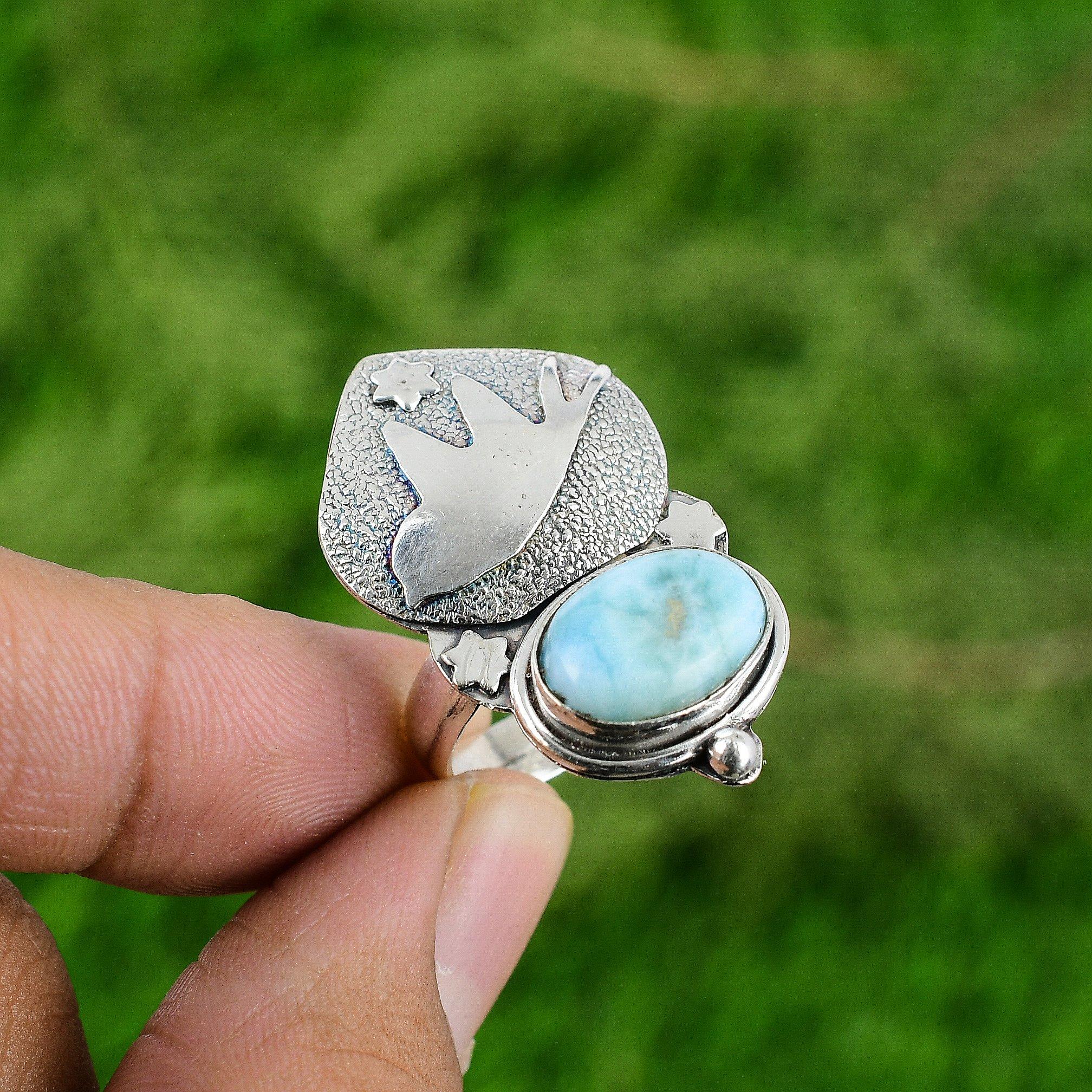 

Gift For Her Natural Larimar Solitaire Bird Adjustable Ring 925 Silver Adjustable