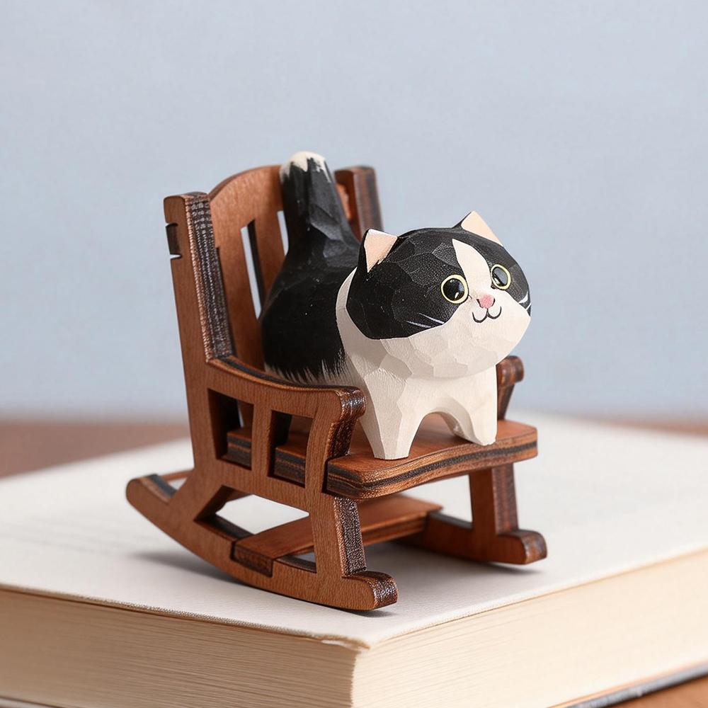 Cute Cat Animals Figurine Decorative Wooden Ornament Miniature Kitten Coffee Home Bedroom Office Desk Decoration Gift Statue