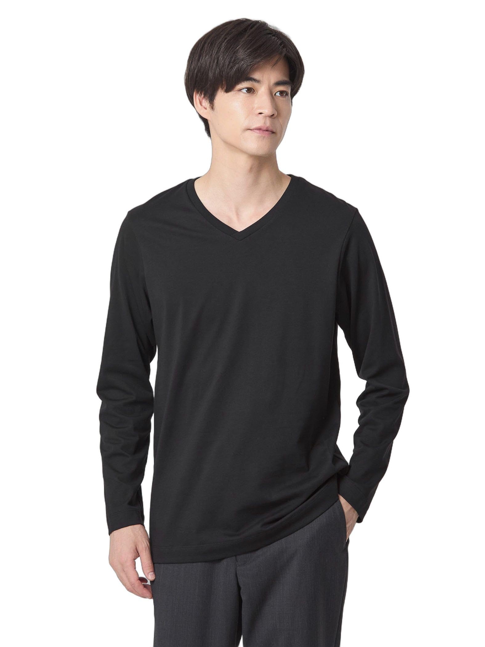 

United Arrows Green Label Relaxing Long Fiber Cotton Clear V-Neck Long Sleeve T-Shirt, Size 32121000001, Black (09), Size L