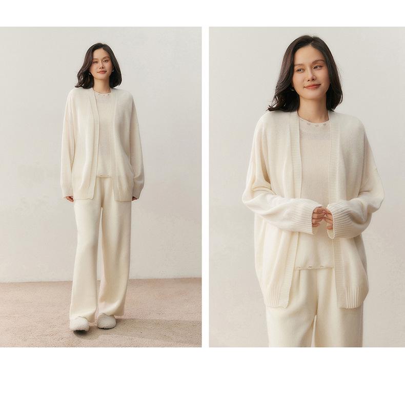 Autumn/Winter 2025 Women's Wide Sleeve Cashmere Cardigan Set - Mid-Length, No-Button, Simple Casual Knitwear.