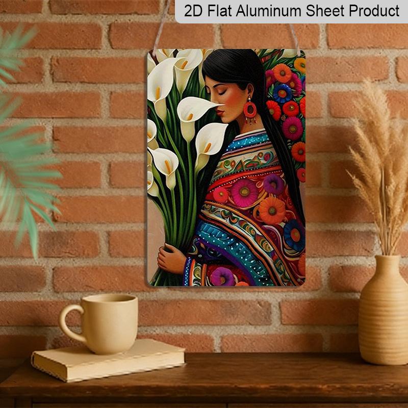 2D Flat, Elegant Woman with Calla Lilies & Colorful Floral Aluminum Art - Perfect for Home Decor, Wall Art, Living Room, Bedroom, Mexican Inspired