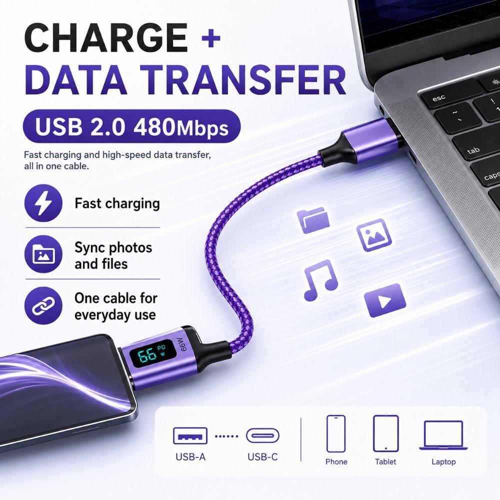 Real-Time Display USB-A To USB-C Cable 66W Fast Charging Data Cable Laptop Charging