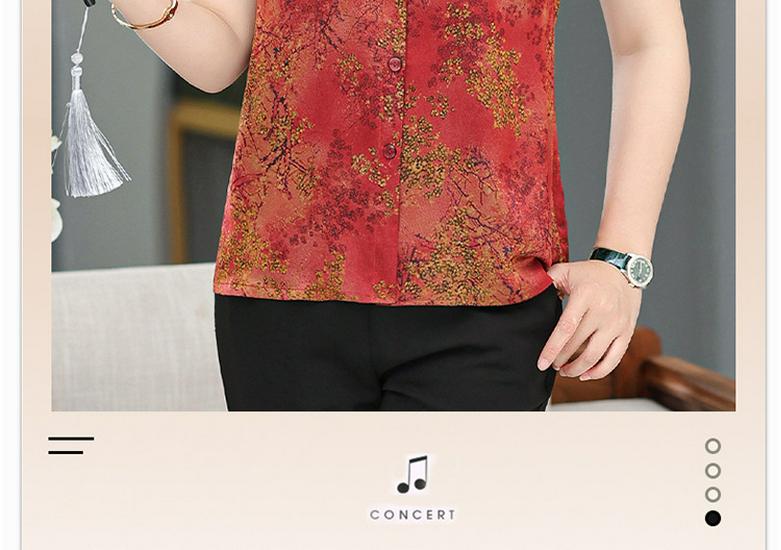 Mom's Summer Silk Printed Short-Sleeve Top for Mature Women