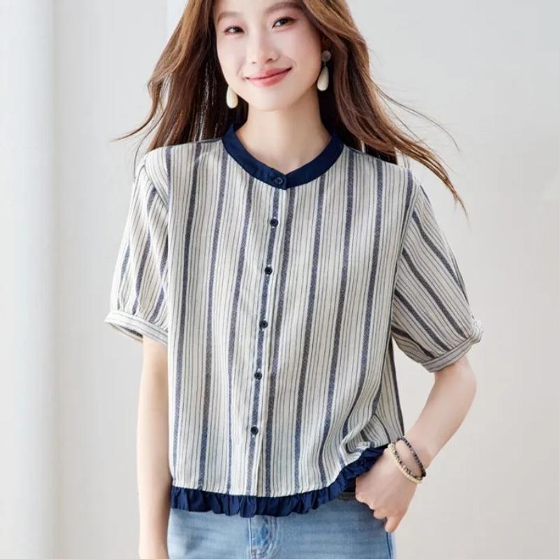 Womens Striped Cotton Blouse Casual Stand Collar Short Puff Sleeve Button Up Shirt S