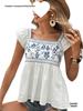 Women's Embroidered Lace-Up Square Neck Ruffle Top with Flutter Sleeves