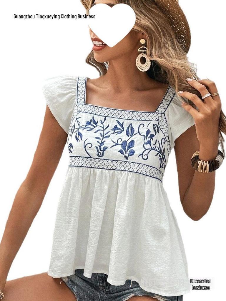 Women's Embroidered Lace-Up Square Neck Ruffle Top with Flutter Sleeves