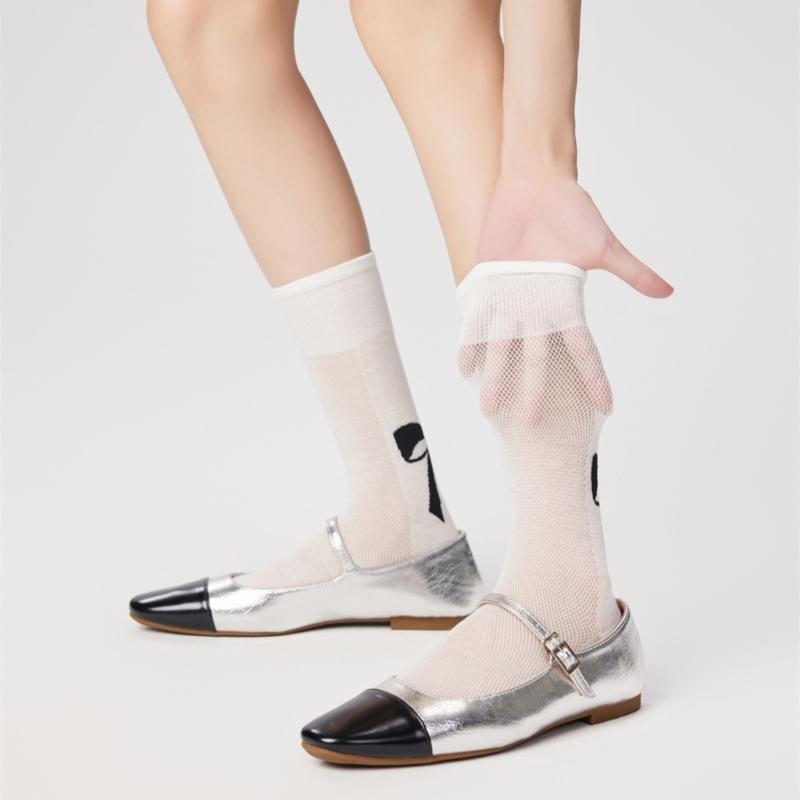 Cute Bowknot Pattern Long Calf Length Socks for Women and Girls Breathable Mesh Ribbed Student Cotton Stockings Hosiery