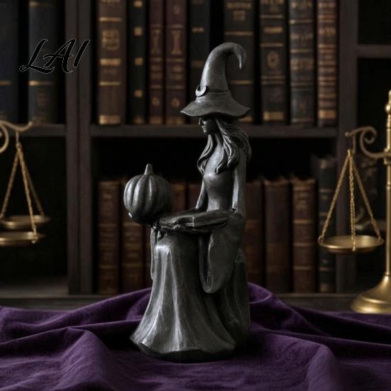 Gothic Home Decor Halloween Witch Statue Figurine with Pumpkin And Book Matte Black Porch Sculpture Mantel Shelf Desk Decor Compact Tabletop