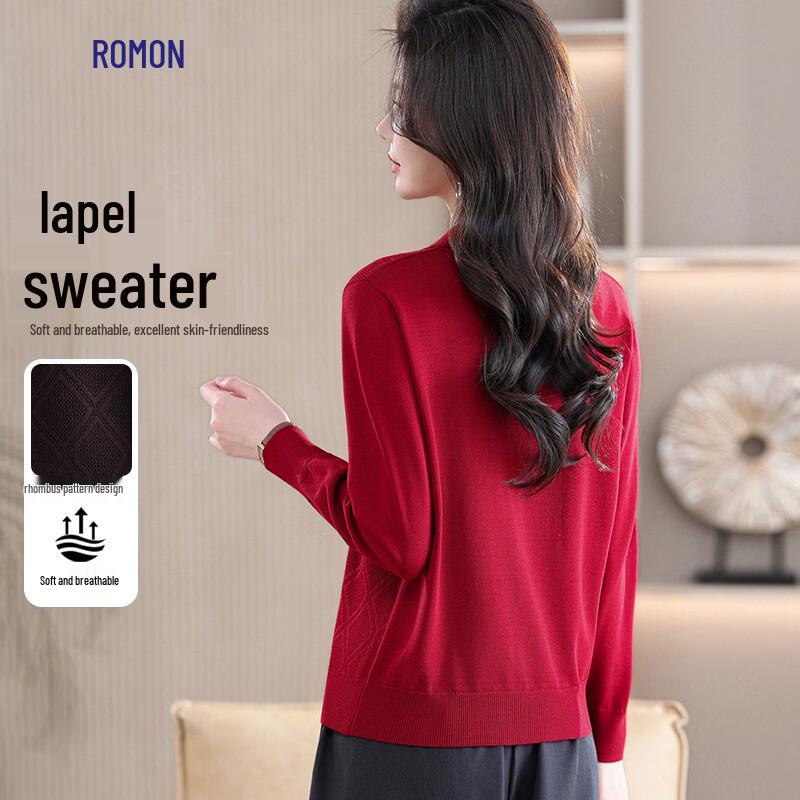Rommon Women's Diamond Pattern Lapel Knit T-Shirt