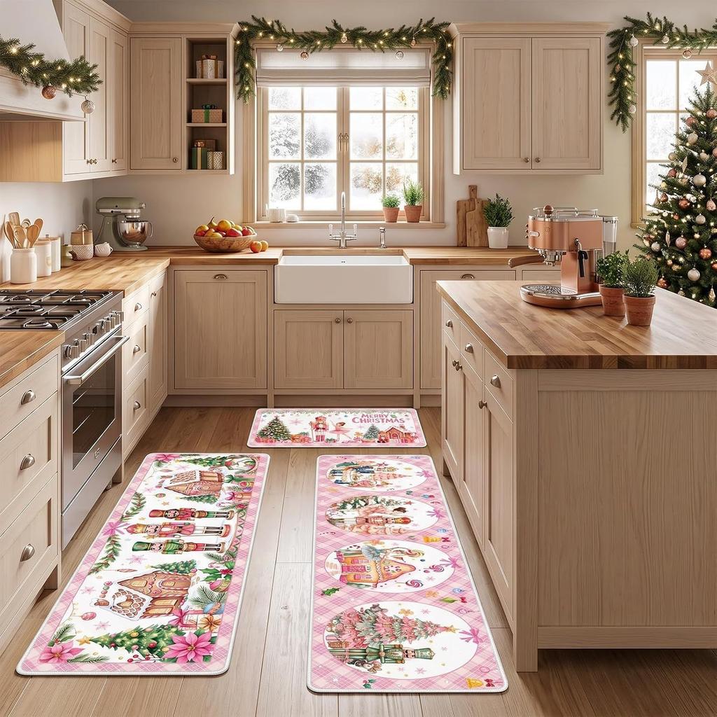 3Pcs Christmas Kitchen Mat Non Slip Washable Crystal Velvet Floor Rugs Holiday Home Decoration