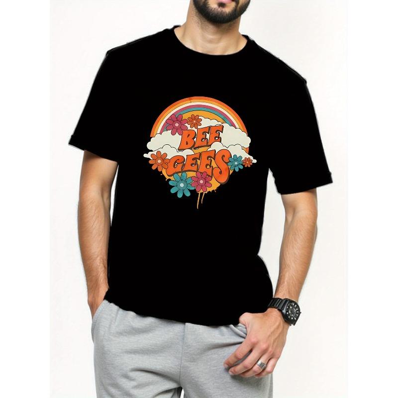 

Bee Gees Rainbow Flower Print Short Sleeve T-Shirt, Vintage Fashion, Suitable for Music Enthusiasts and Trendy Youth 4XL
