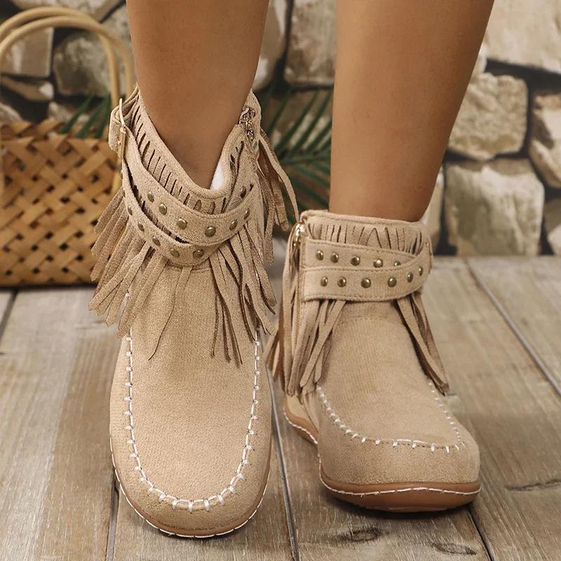 Fashion Vintage Tassels Western Boots for Women Rivet Decor Flat Heels Ankle Boots Woman Size Zipper Non Slip Short Booties