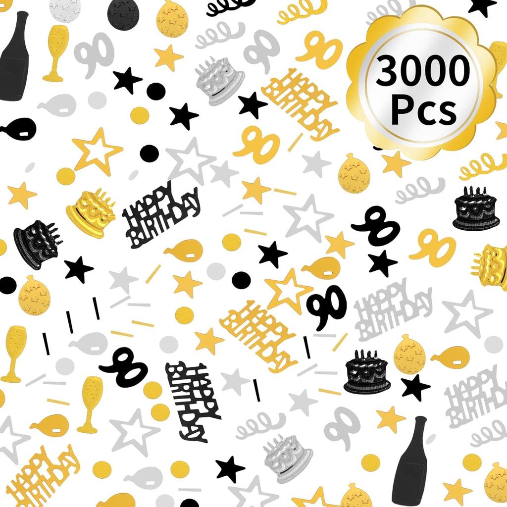 3000 Pieces Birthday Confetti Number 90 Glitter Confetti Birthday Cake Confetti Table Confetti Black Gold and Silver Party Decorations Supplies for