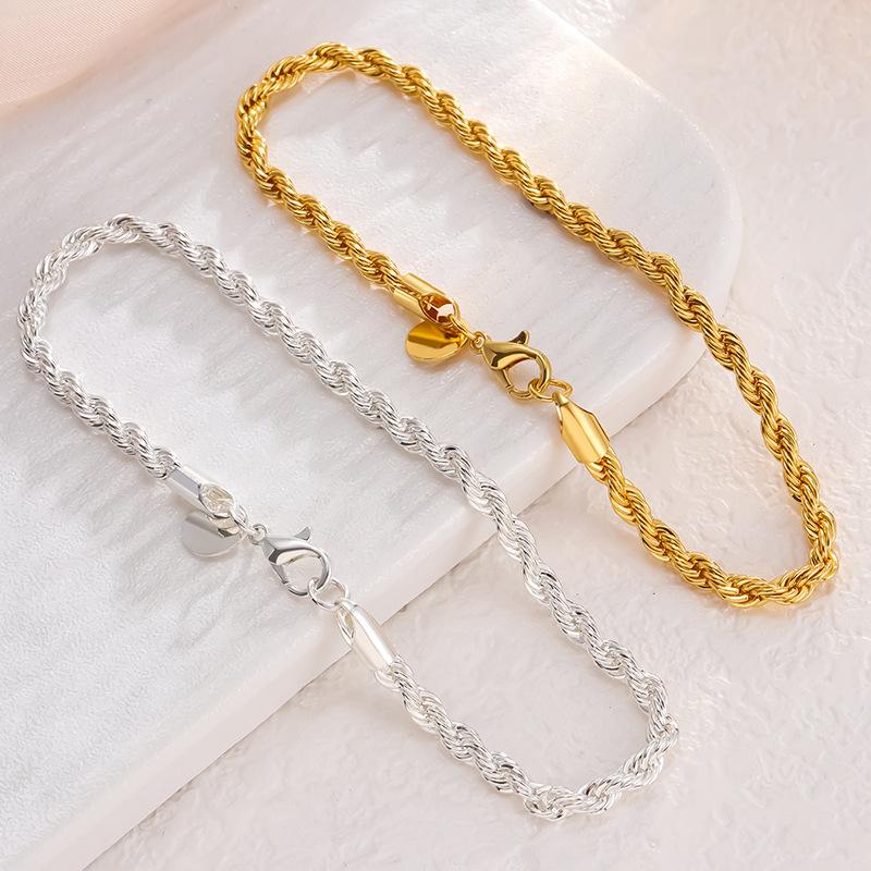 Braccialetti Corda Intrecciata in Argento Sterling 925 da 4MM per Donne Uomini Moda Minimalista Braccialetto a Catena per Coppia Gioielli Argentati Maschili Regali