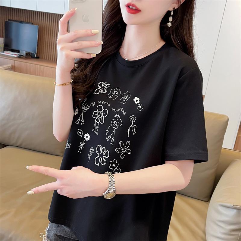 Pure Cotton Printed Flower Letters Summer Versatile Simple Korean Loose and Thin Short-sleeved Bottoming Shirt T-shirt Women's Inside