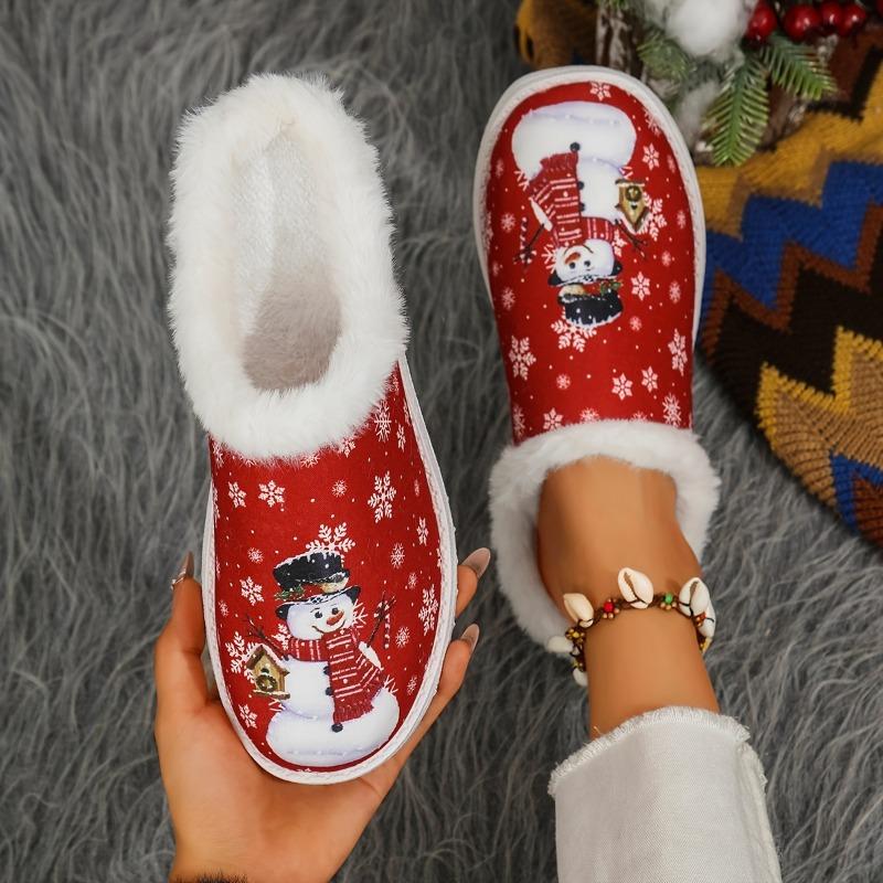 Women's Christmas Limited Edition Red Snowman & Snowflake Slip-On Loafers - Cozy Winter Fabric Slippers with Non-Slip Rubber Sole, Festive Holiday