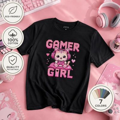 Kawaii Gamer Girl Cat Tee, 100% Organic Cotton, Gaming T-Shirt
