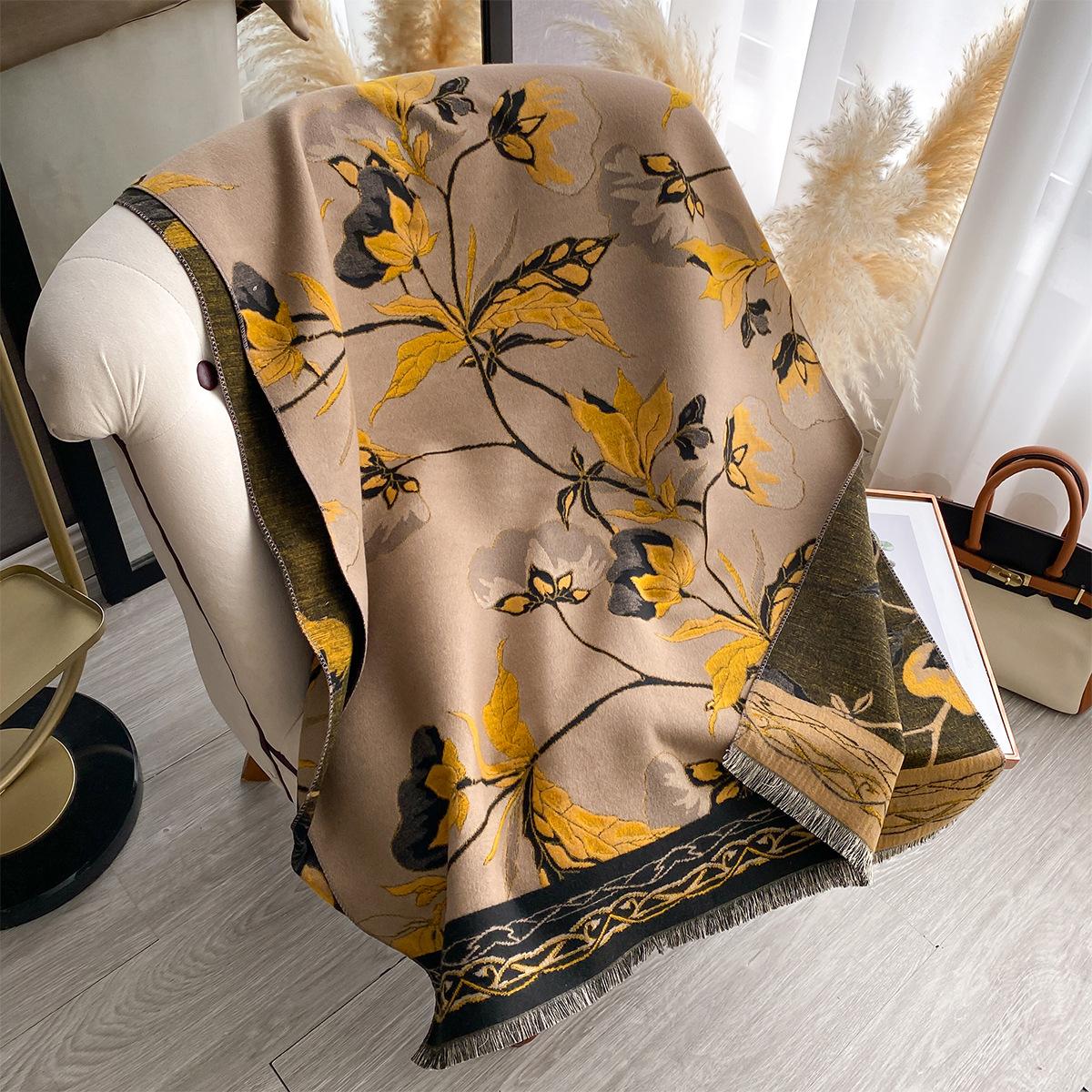 

Шаль шарф Женский зимний верхний цветочный шарф Одеяло Двусторонний двухцелевой защита плеч и шеи для сохранения тепла Премиальное ощущение 185x65cm хаки