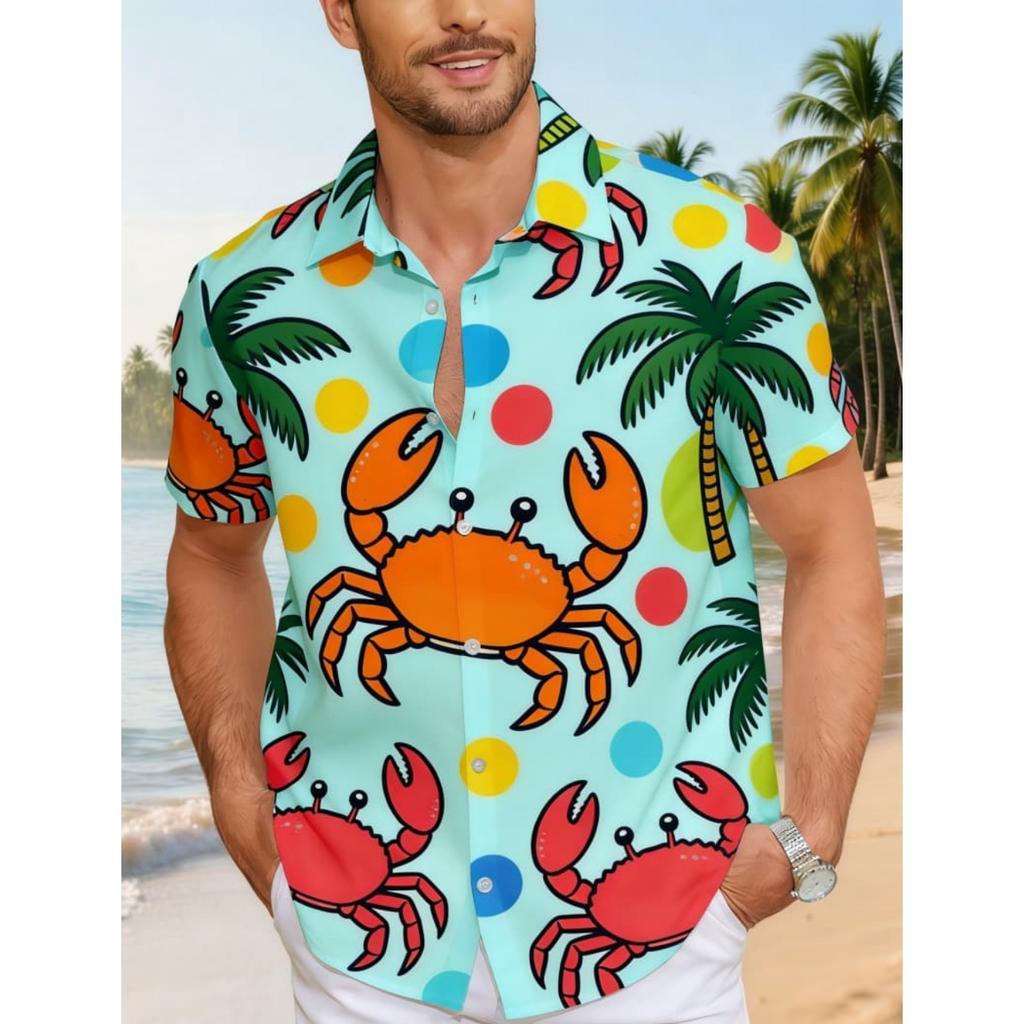 Men's Stylish Tropical Ocean Short Sleeve Shirt - Octopus Crab Turtle Starfish Print Casual Top For Beach Vacation Wear