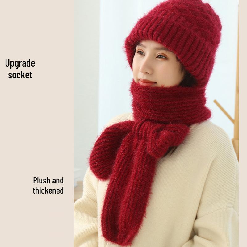 Women's Double-Layer Fleece-Lined Wool Knit Hat and Scarf 
