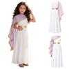 Kids Girls Greek Toga Costume with Shawl Gold Trim Metallic Waist Sleeveless Back Zip Dress for Halloween Themed Cosplay