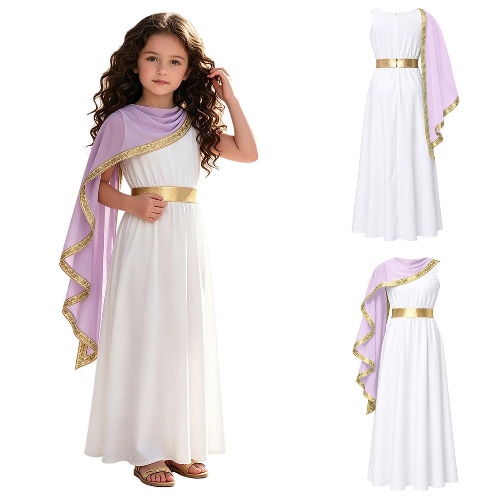 Kids Girls Greek Toga Costume with Shawl Gold Trim Metallic Waist Sleeveless Back Zip Dress for Halloween Themed Cosplay
