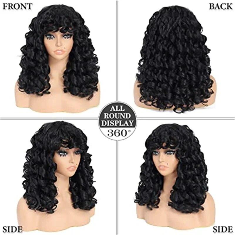Long Deep Curly Synthetic Hair Replacement Wig with Bangs Big Curly Wigs for Black Women 20 Inch Kinky Curly Wig For Daily Use