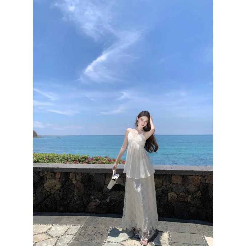 French Collar Chiffon Suspender Skirt Set Women's Summer Beautiful Beach Vacation Mesh Embroidered Word Dress