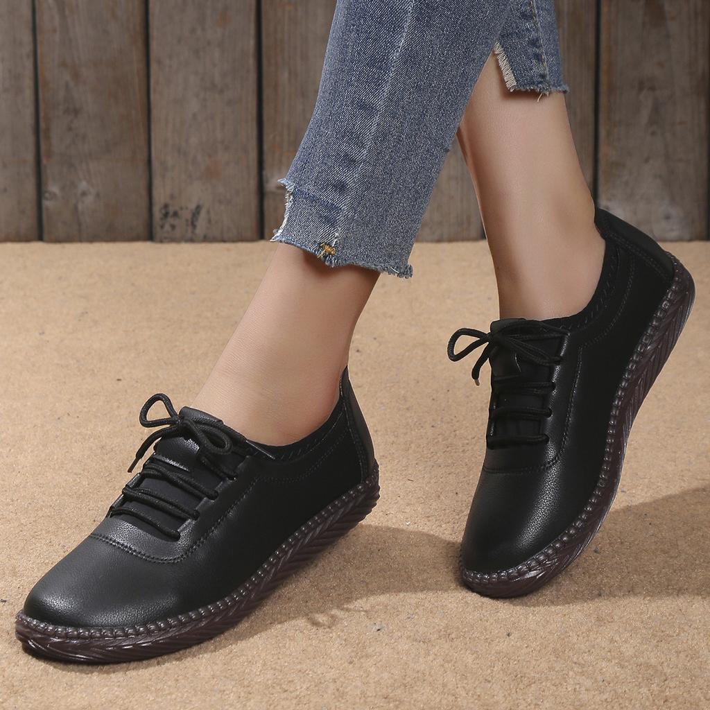 Sapatos Casuais Femininos de Cadarço Tamanho Grande Sapatos Brancos Pequenos Confortáveis Solado Macio Couro Macio Sapatos Estilo Feijão