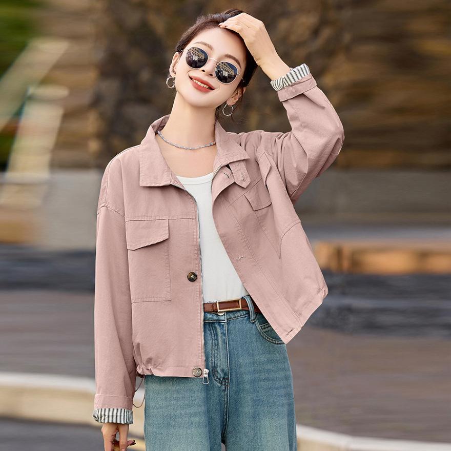 

Модное короткое пальто весна новая повседневная универсальная куртка дизайн женственности маленький воротник-стойка топ XL розовый