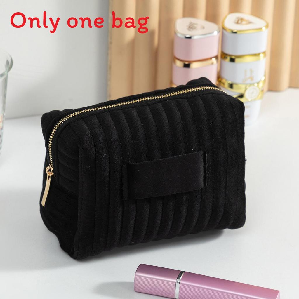 Velvet Makeup Bag With Striped Quilted Design For Women Portable Organizer