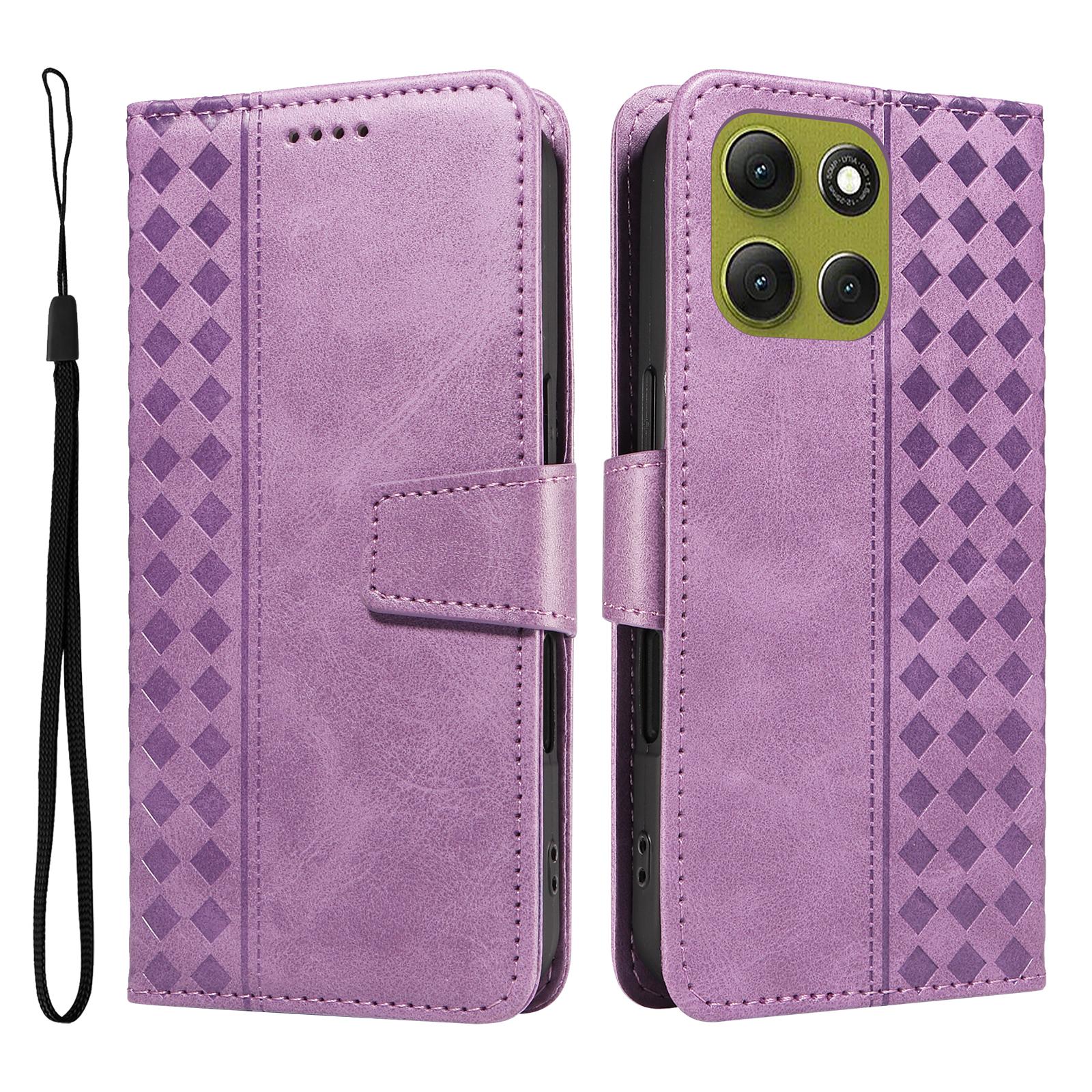 

For Motorola Moto G86 5G/G86 Power 5G Leather Case Wallet Stand Grids Imprinted Phone Cover with Strap Light Purple