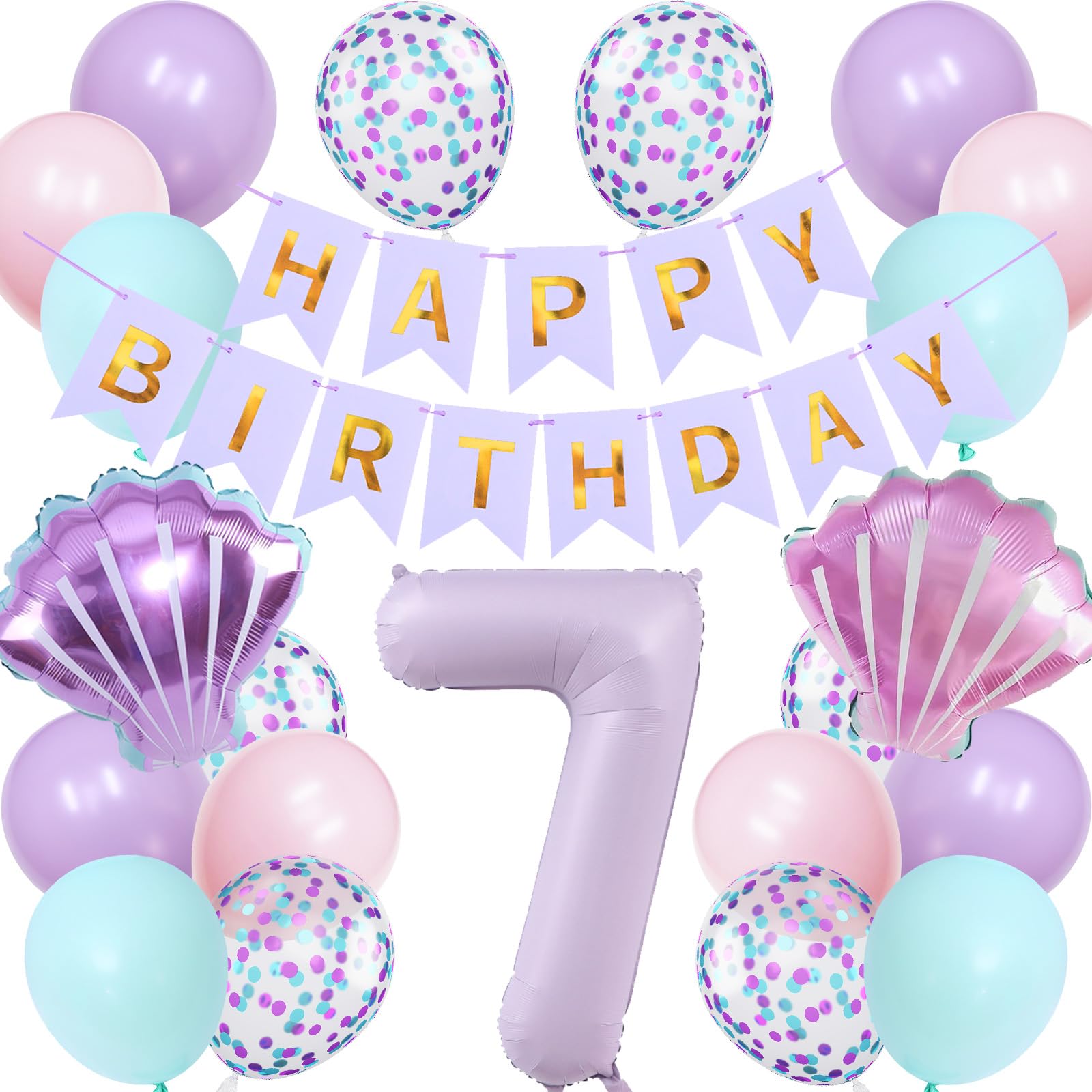 

Lausatek Balloon Birthday Set 7 Years Old Happy Birthday Garland Balloon Decorations Shell Number 7 Party Supplies Kids Boys Girls Purple