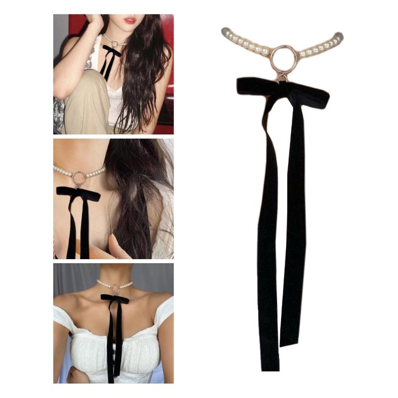Punkowa, długa, szeroka, czarna, aksamitna wstążka choker z kokardą, imitacja pereł, koraliki, naszyjnik z gotycką biżuterią, prezenty noworoczne