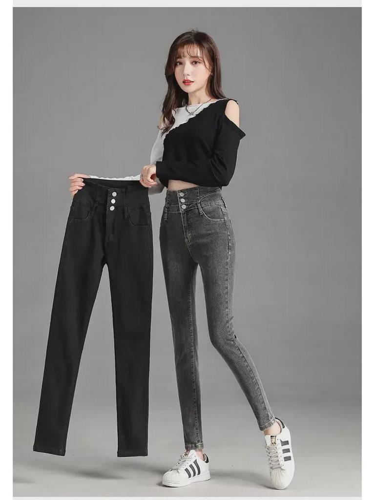 Damen High Waist Slimming Skinny Jeans mit Drei Knöpfen, Elastische Passform, Herbst & Winter Neun-Punkt-Stil