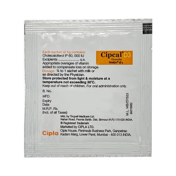 Cipla Cipcal D3 Vitamin D3 Granules For Bone And Joint Health | 60000 IU | 20 Sachets Of 1g Each | Supports Calcium Absorption & Strength