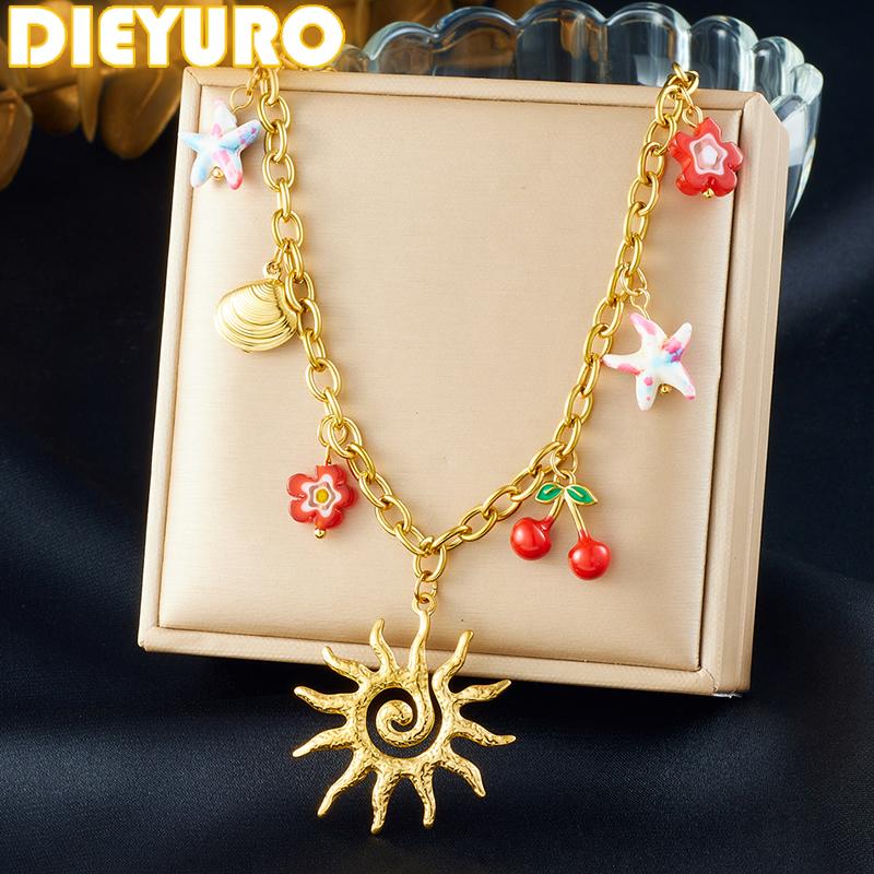 DIEYURO 316L Stainless Steel Golden Sun Totem Cherry Starfish Flower Necklace Women New Fashion Neck Chain Jewelry Party Gift