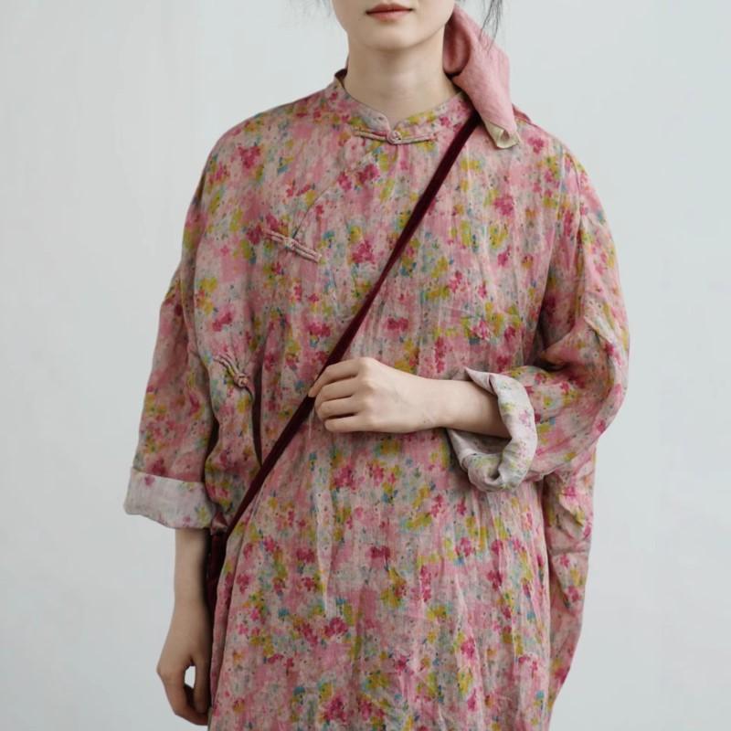 Johnature Damen Vintage Print Blumenkleider Stehkragen Langarm Ramie Hochwertiger Stoff Frühling Chinesischer Stil Kleid