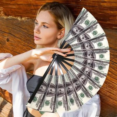 1pc/2pcs The Plastic Folding Fan Design of The US Dollar Bill Is Portable and Durable, Suitable for Gatherings and Events