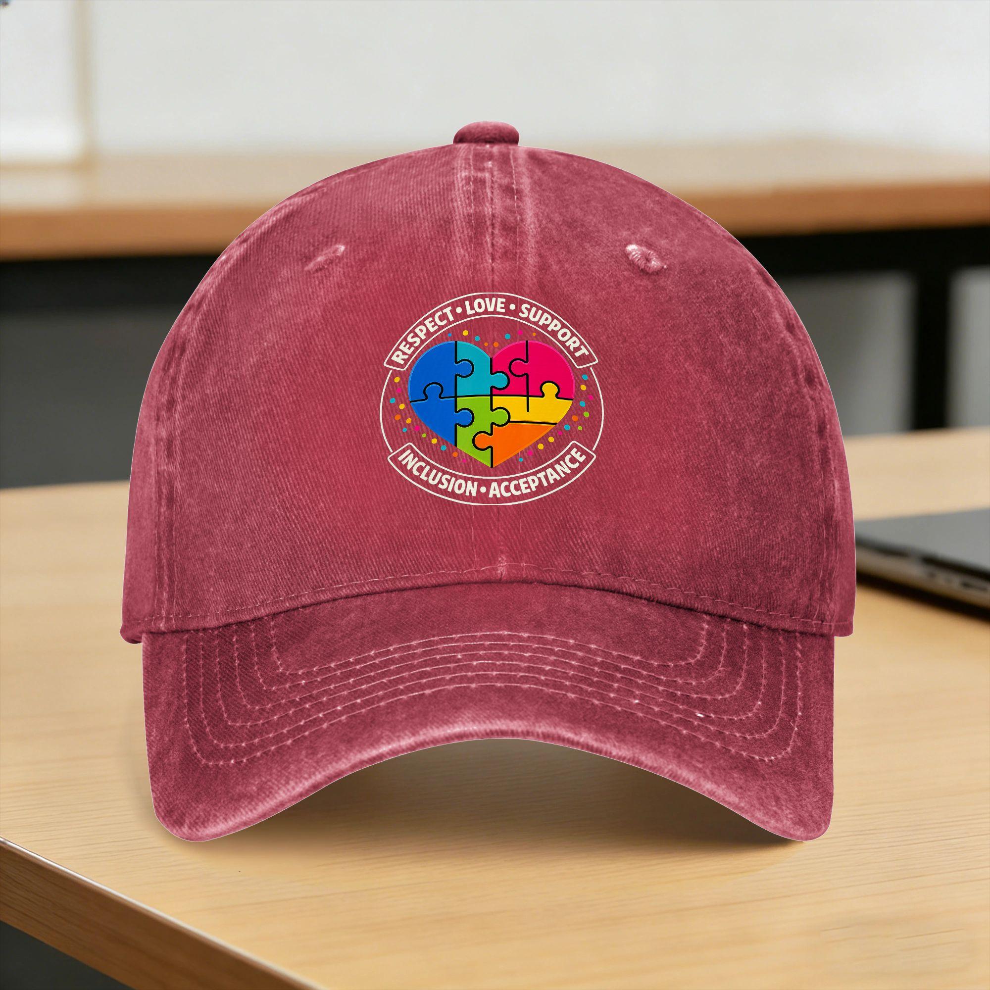 Autism Respect Love Inclusion Puzzle Sun Baseball Cap  Vintage Unisex Adult Washed Trucker Hat Adjustable Design Kpop Baseball Caps One Size