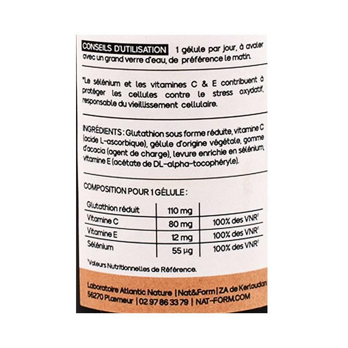 Nat &amp; Form Glutathion forme active + Sélénium et vitamines C &amp; E antioxydant 30 gélules