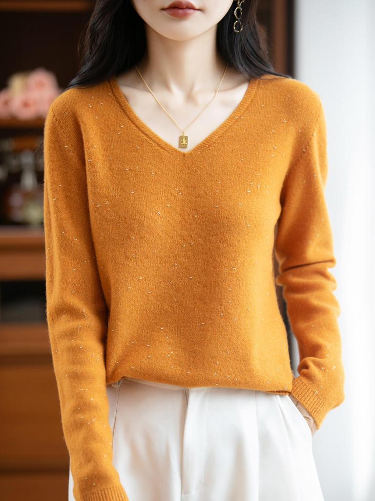 Golden Bean Autumn/Winter Women's 100% Wool V-neck Sweater - Versatile Loose Knit Top
