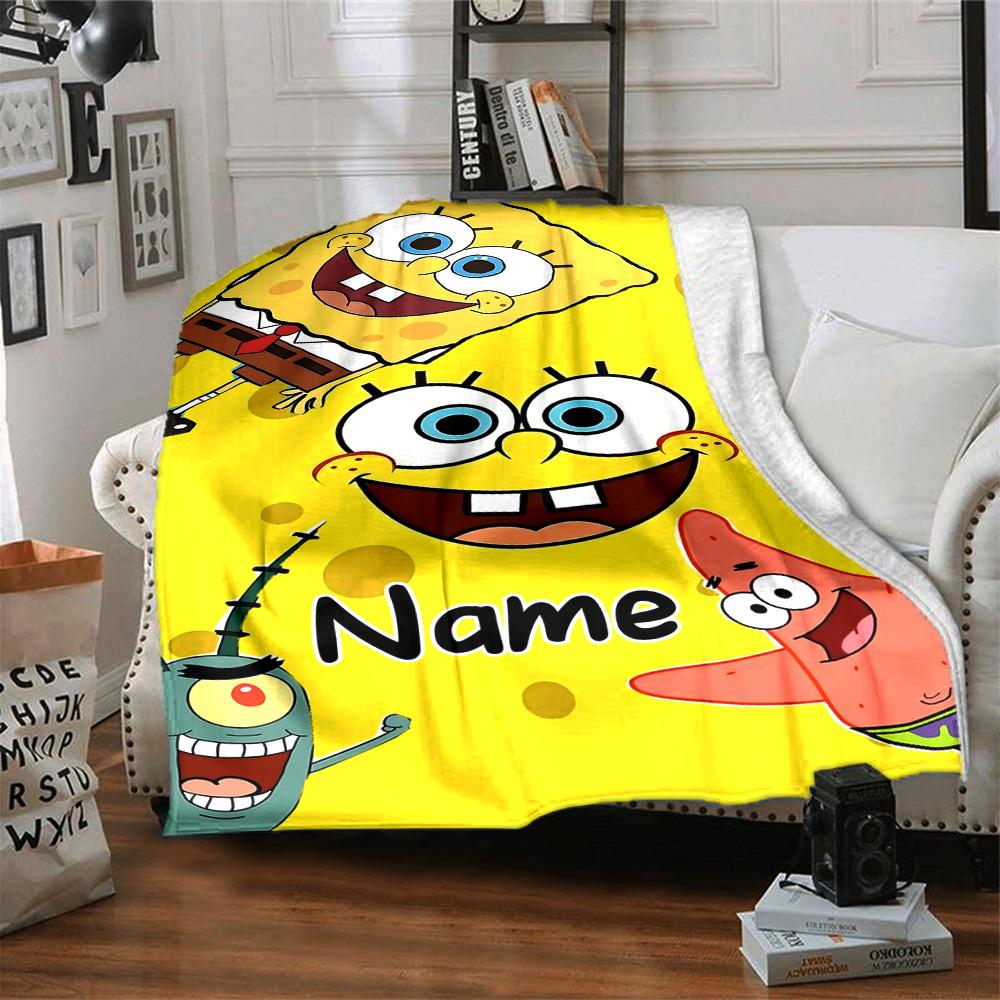 Custom Name Spongebob Friends Flannel Blanket for Super Soft Cute Comfort Blanket for Travel Bedding Couch Sofa Blanket