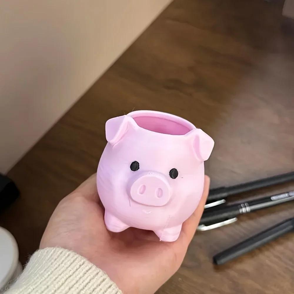 3D Pig Figurine Pen Holder, Unique Cute Desktop Storage Organizer for Stationery Makeup Brushes Office Desk Decoration